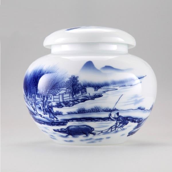 手绘山水白瓷茶叶罐大中小号存茶罐储存罐陶瓷罐密封罐茶罐小罐子