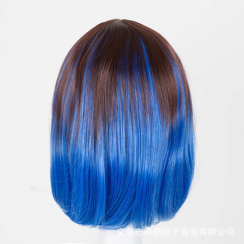 cosplay假发 彩色女短发 高温丝渐变动漫假发 上棕下蓝色学生发