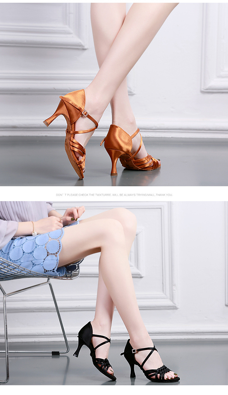 酷彩贝蒂高跟拉丁舞鞋成人女士拉丁舞蹈鞋软底交谊舞鞋缎面凉鞋