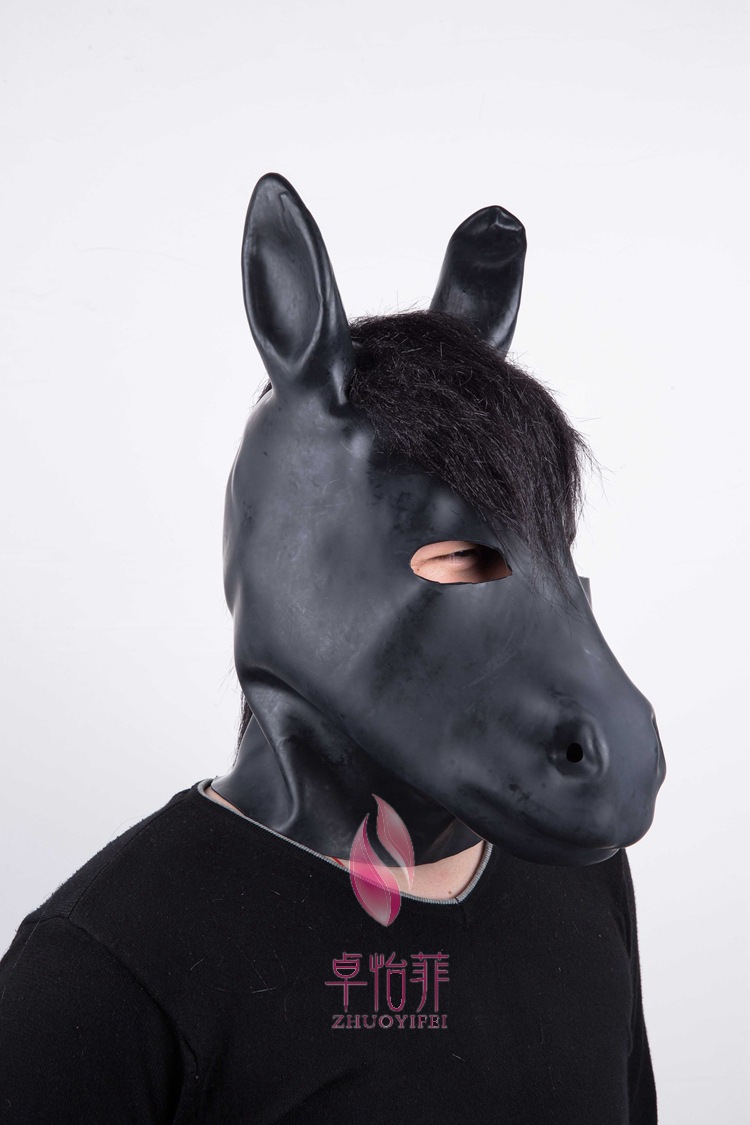 欧美情趣马头束缚头套漆皮黑色面罩天然乳胶成人黑色另类玩具批发
