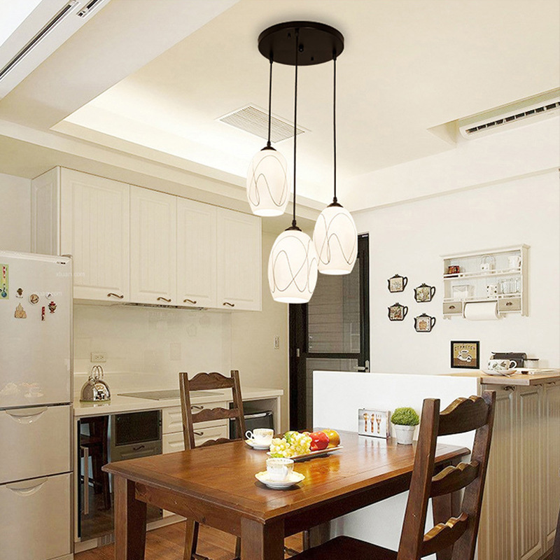 现代简约三头吊灯餐厅玻璃吊灯黑色个性led饭厅厨房吊灯实惠灯具