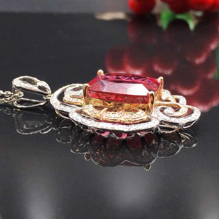 天然卢比莱双桃红碧玺18k双色金伴钻石镶嵌吊坠款式豪华饰品定制