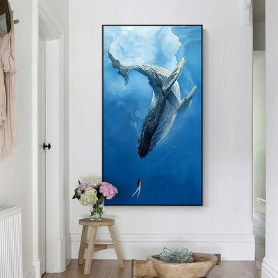 北欧过道走廊玄关装饰画大幅别墅画现代简约挂画鲸鱼竖版客厅壁画