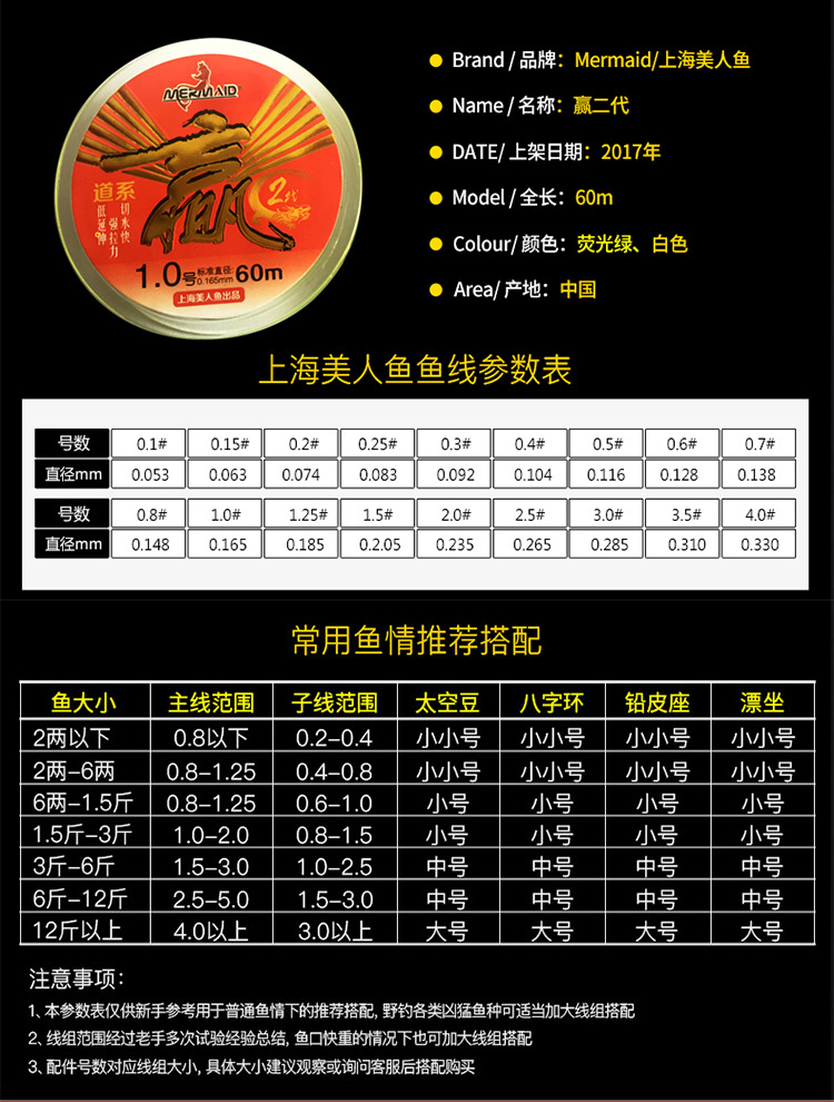 美人鱼鱼线钓鱼主线子线赢60m赢系列钓线(渔具店拍下改价格)