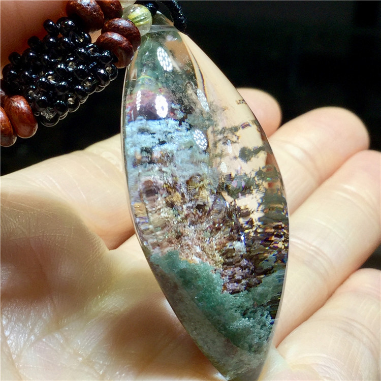 东海水晶天然绿幽灵聚宝盆原石随形平安无事牌吊坠