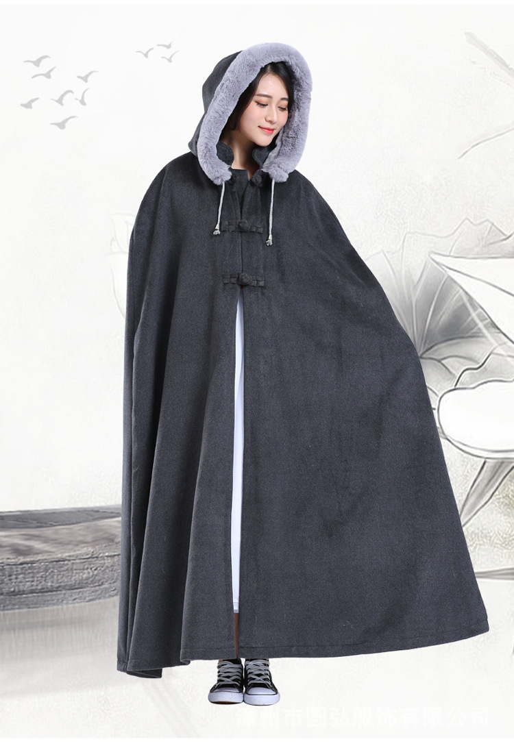 圆弘厂家直销冬季打坐披风禅修斗篷男观音双层毛绒加厚毛领披风
