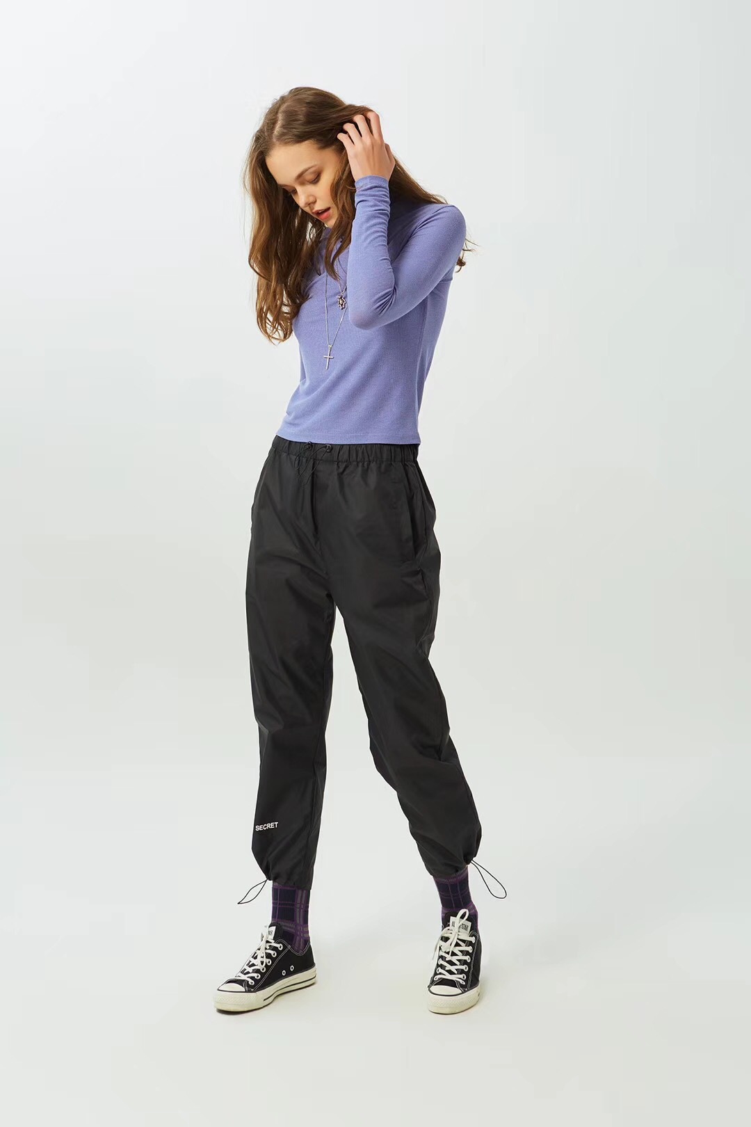 aimeewq金秋新款 束腿裤弹力绳格子防水休闲裤 女批发