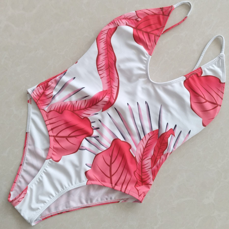 晨晨制衣2018新款数码印花三角连体游泳衣 欧美性感漏背两色泳装