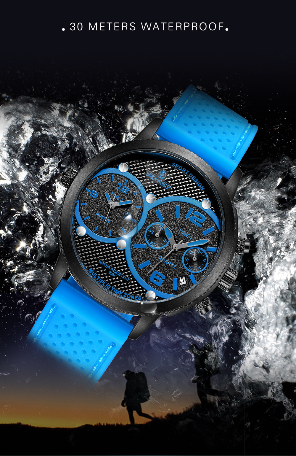 赛娜斯senors双时区多功能石英男士运动石英手表sn023