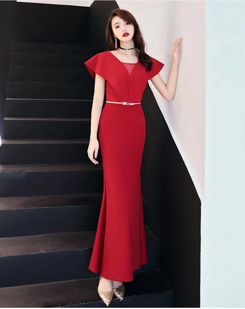 端庄新娘敬酒服网纱透视深v领荷叶袖露背显瘦包臀鱼尾长连衣裙韩