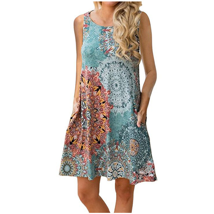 Spring/Summer 2023 Amazon Wish New Sleeveless Pullover Element Printed Pocket Large Swing round Neck Vest Dress