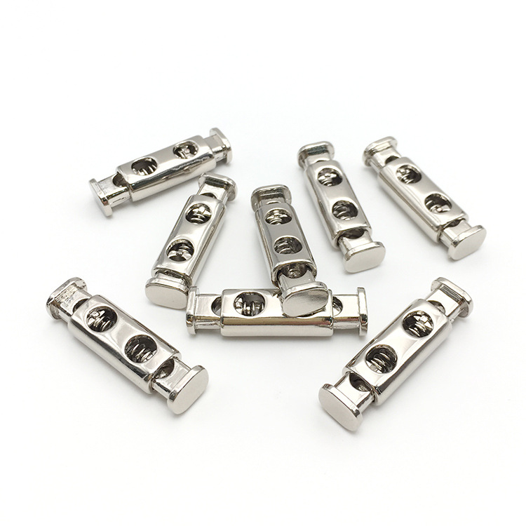 厂家直销 高档弹簧金属卡扣 五金扁形双孔绳扣 亮银色绳子调节扣