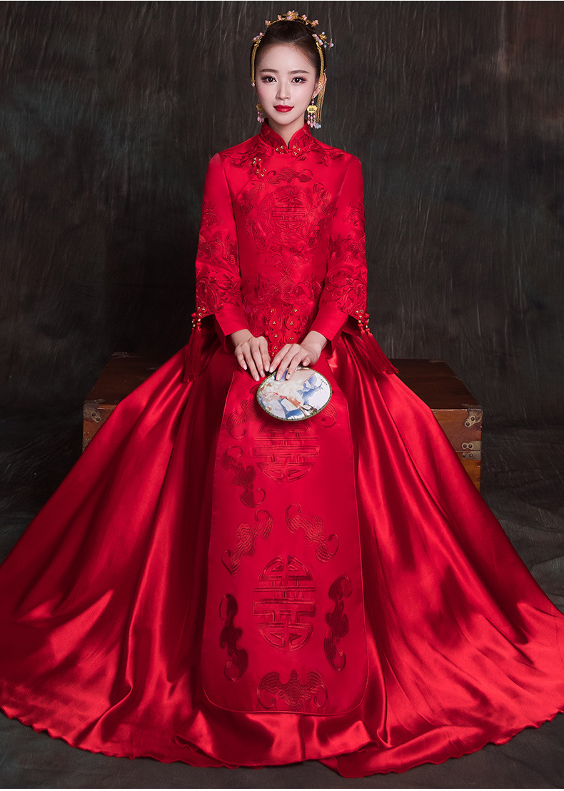2018新款中式礼服嫁衣古代秀禾服 秋冬红色中式结婚礼服秀禾服