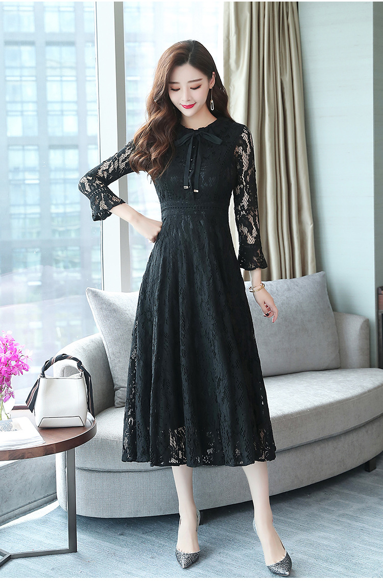 春秋蕾丝连衣裙女中长款修身气质打底裙收腰大摆过膝长裙