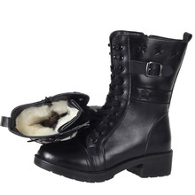 女士冬季黑色中筒羊毛靴保暖靴户外休闲靴舒适厚底马丁靴厂家批发