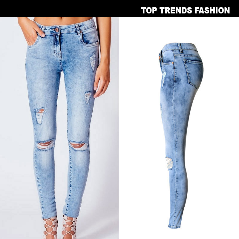 European and American Women's Clothing Mid-Waist Slim Fit Elastic Irregular Washed and Frayed Ripped Denim Trousers EBay Hot Sale Large Sizes Availiable