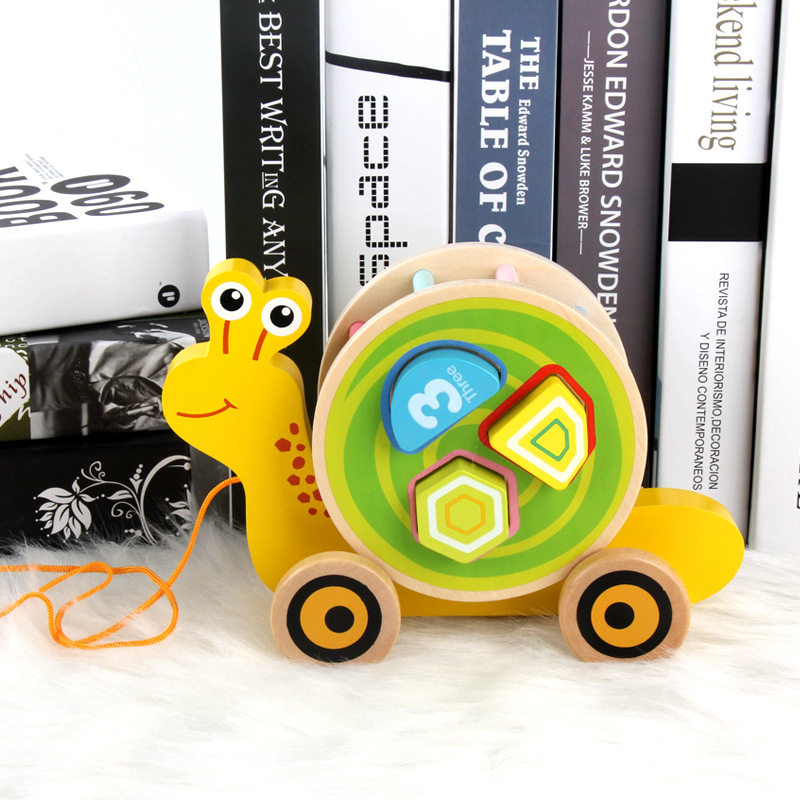 儿童益智早教卡通动物拖车宝宝学步形状配对拖拉绳木制积木玩具车