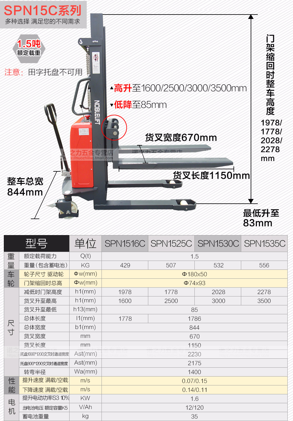 诺力电动叉车 半电动堆高车液压升降装卸铲车堆垛车spn10c升高3米
