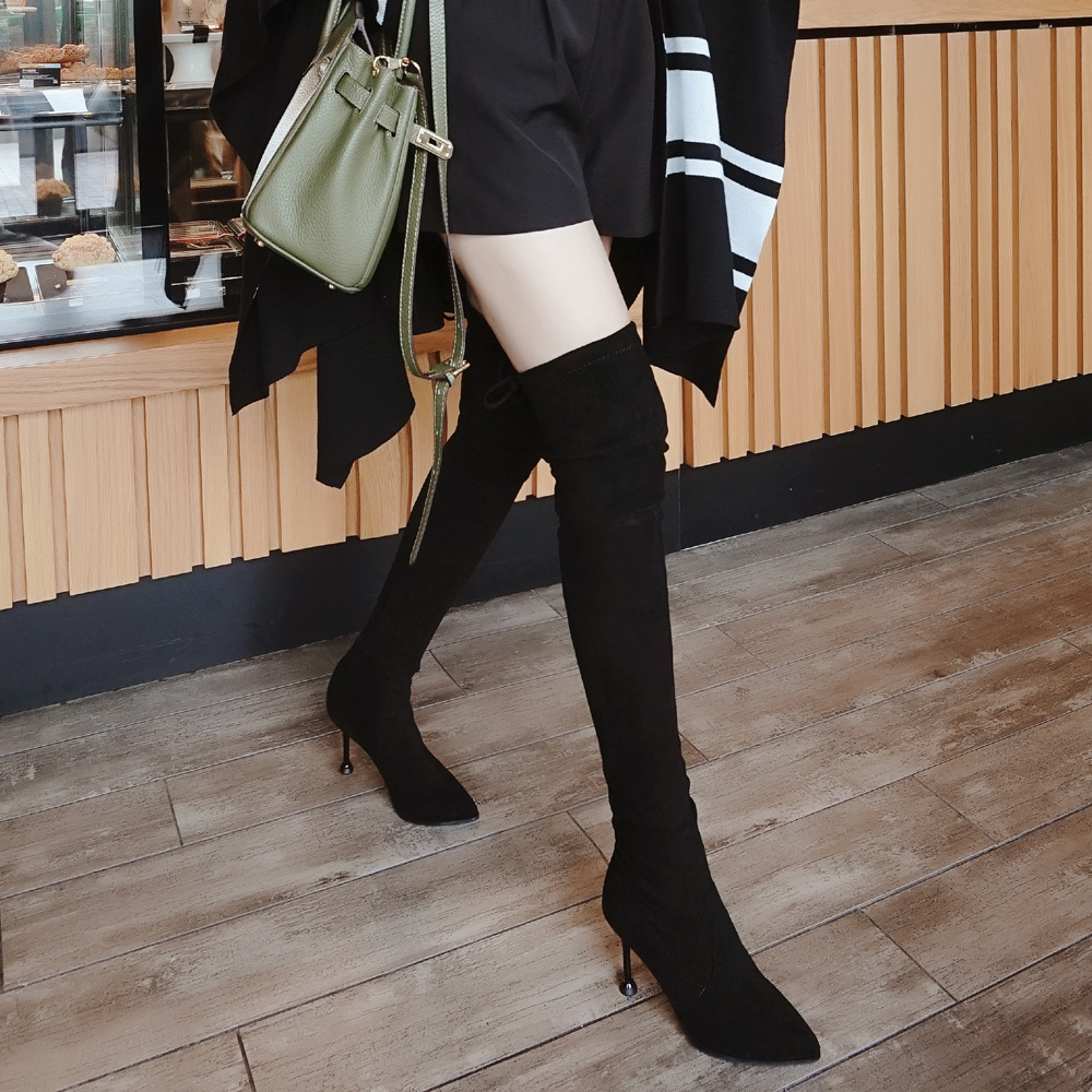 008-1高跟靴子女2020冬季新款尖头细跟优雅弹力系带显瘦过膝长靴