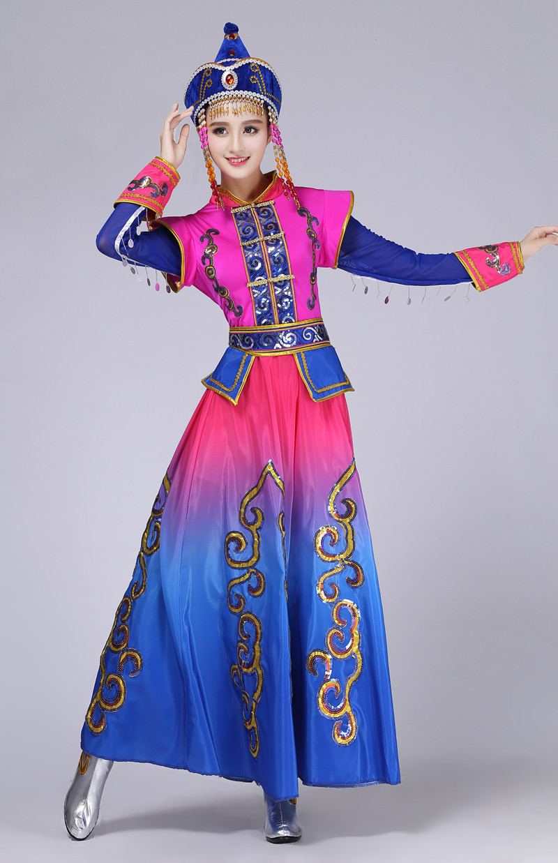 新款蒙古族演出服女成人少数民族风舞蹈服装现代蒙古袍表演服
