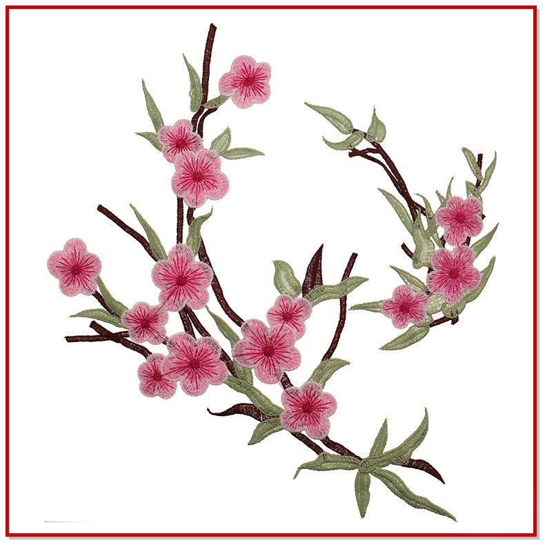 精致树枝桃花水溶对花刺绣布贴 民族风高档绣花辅料 量大从优