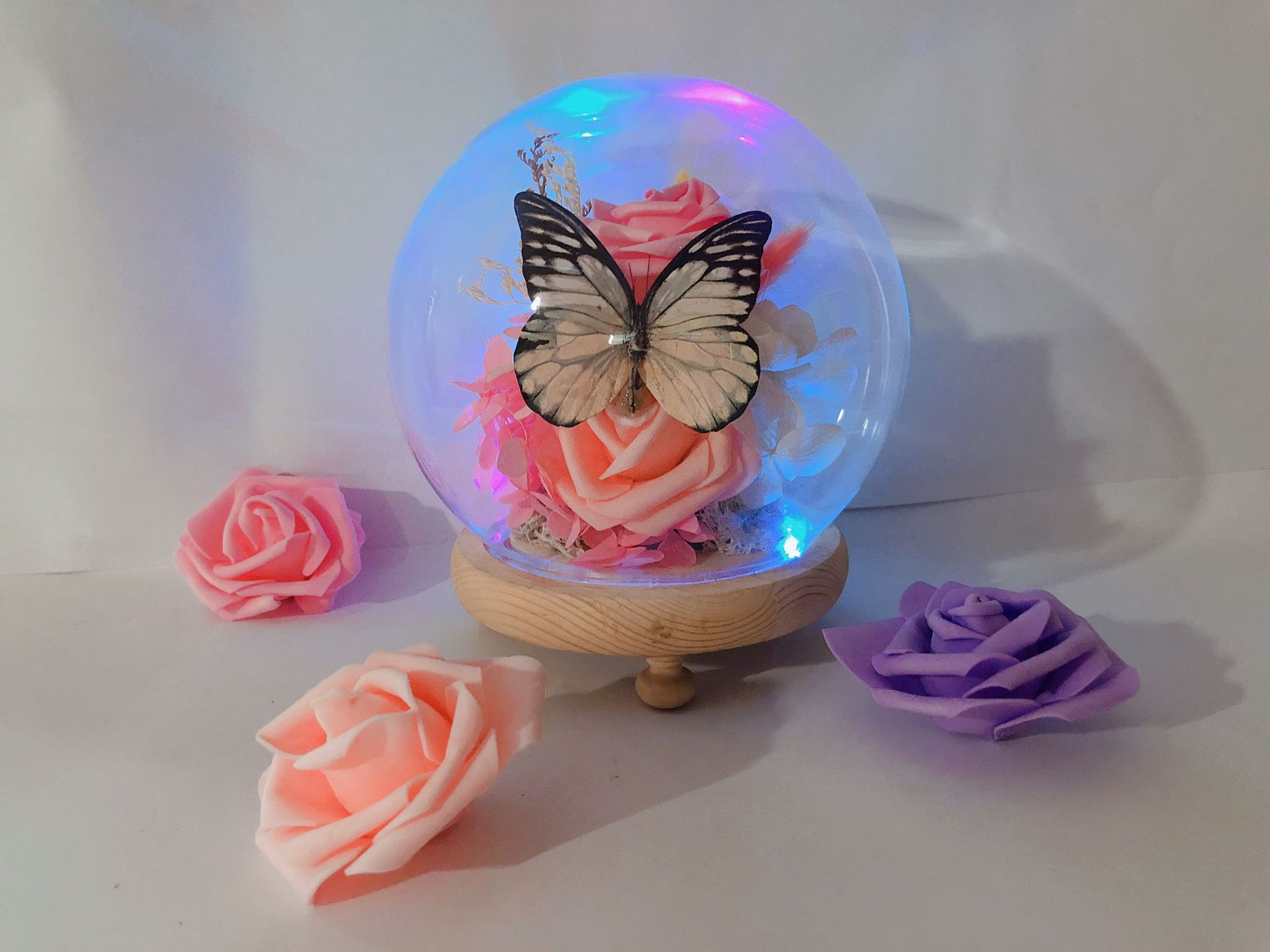 球形玻璃罩仿真玫瑰花永生绣球花蝴蝶标本小夜灯大号