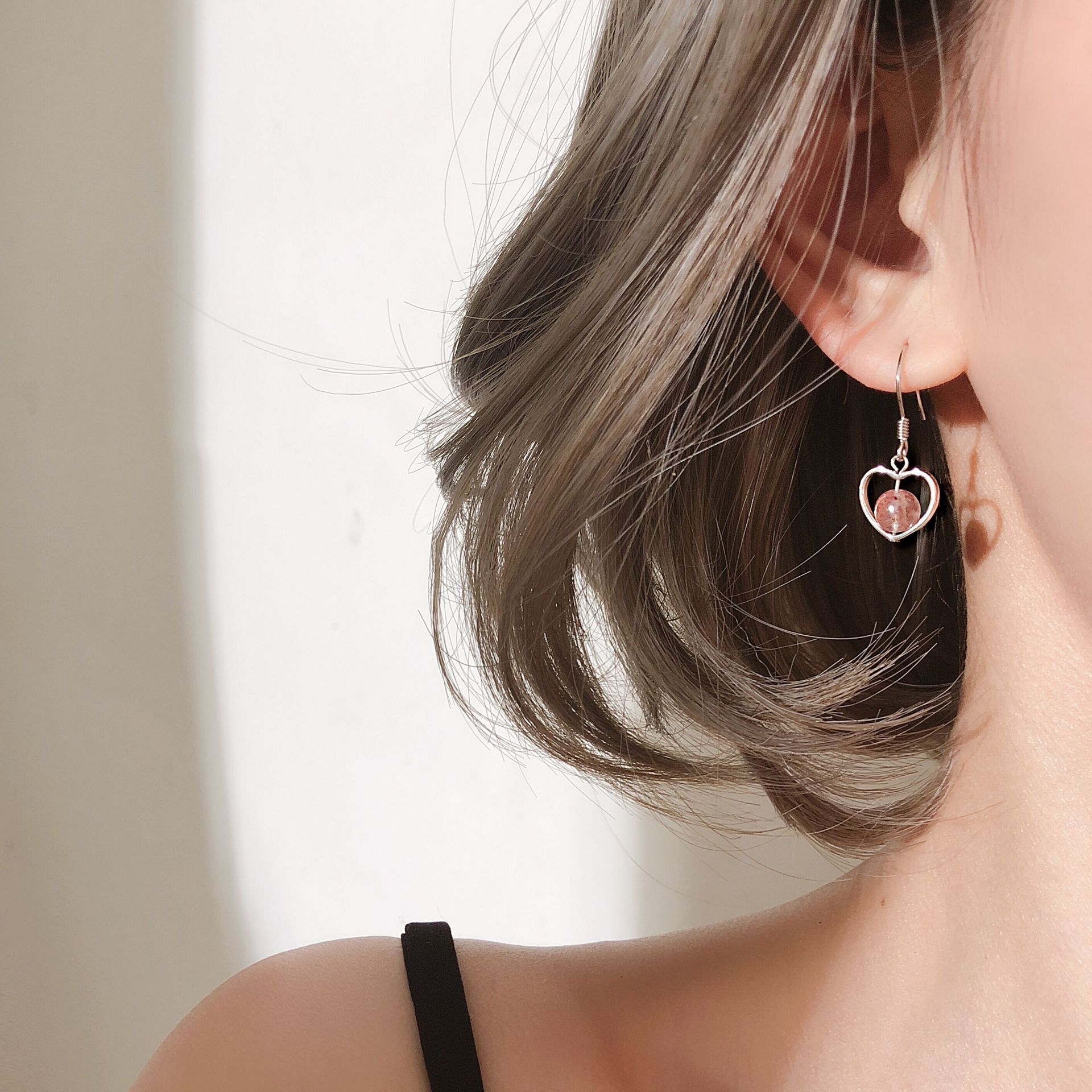 通体925纯银草莓晶爱心耳环甜美清新可爱学生耳钩韩版潮流女饰品