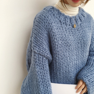 2018秋冬新款慵懒甜美宽松 手工粗线加厚圆领套头外穿毛衣针织