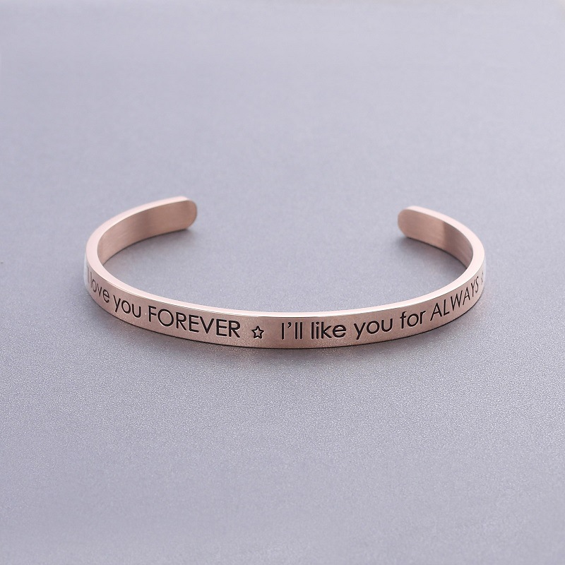 跨境手饰钛钢平面手镯英文刻字励志l love youc开口女士镀金手镯
