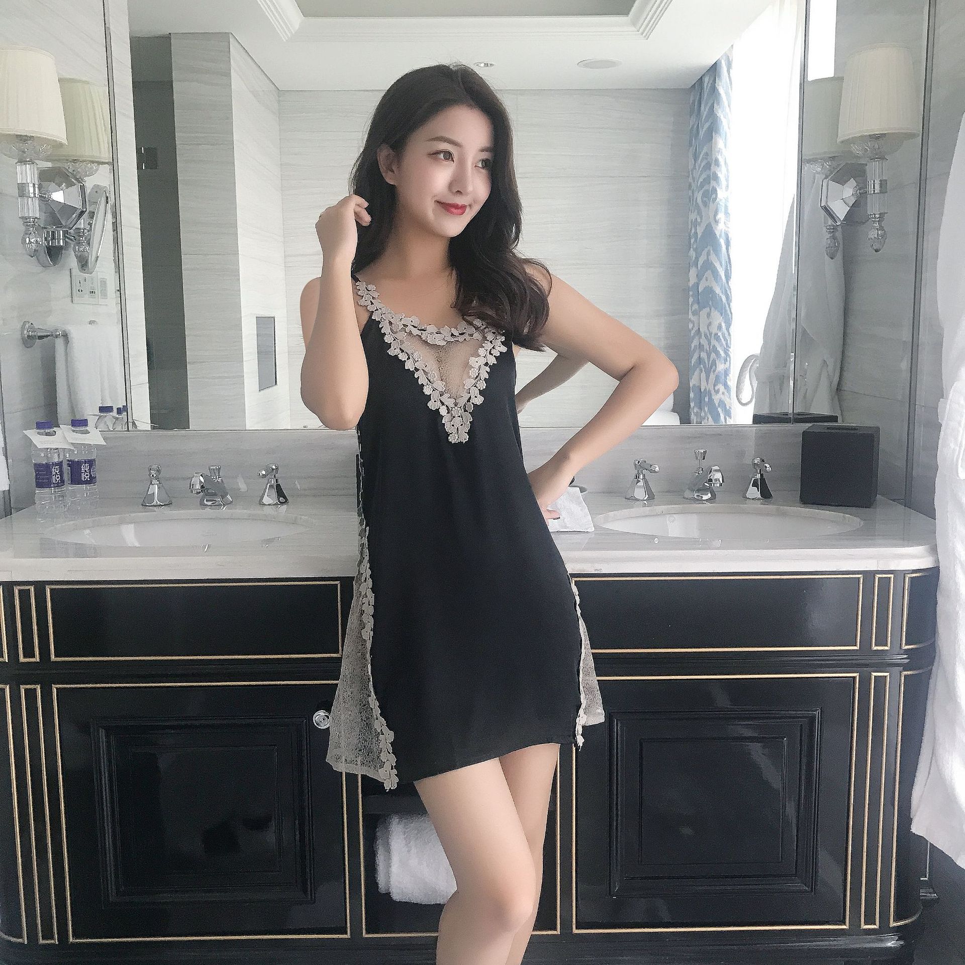 女士性感睡裙吊带露背蕾丝高开叉欧美旗袍刺绣镂空网纱蕾丝裙代发