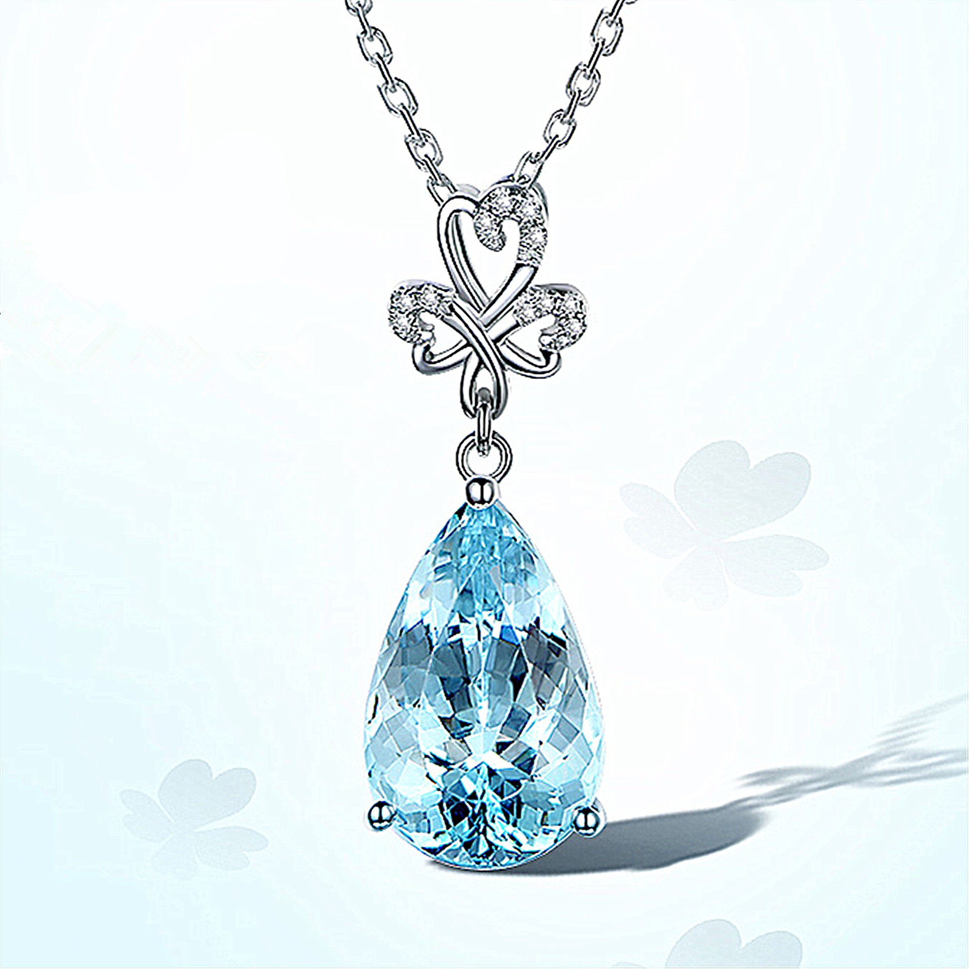 艺华幸运草吊坠天然海蓝宝吊坠镀18k白金镶嵌钻石彩宝项坠定制