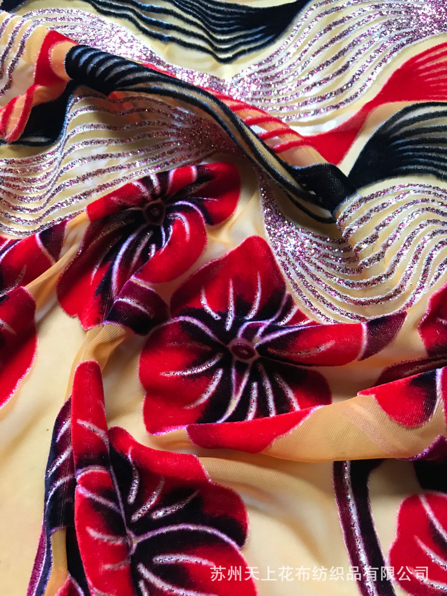 五叶大红花烧花丝绒印花布门幅140可以按需定制交货及时