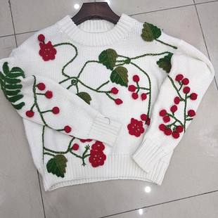 2018新款手工立体花朵树叶图案毛衣套头长袖针织衫女