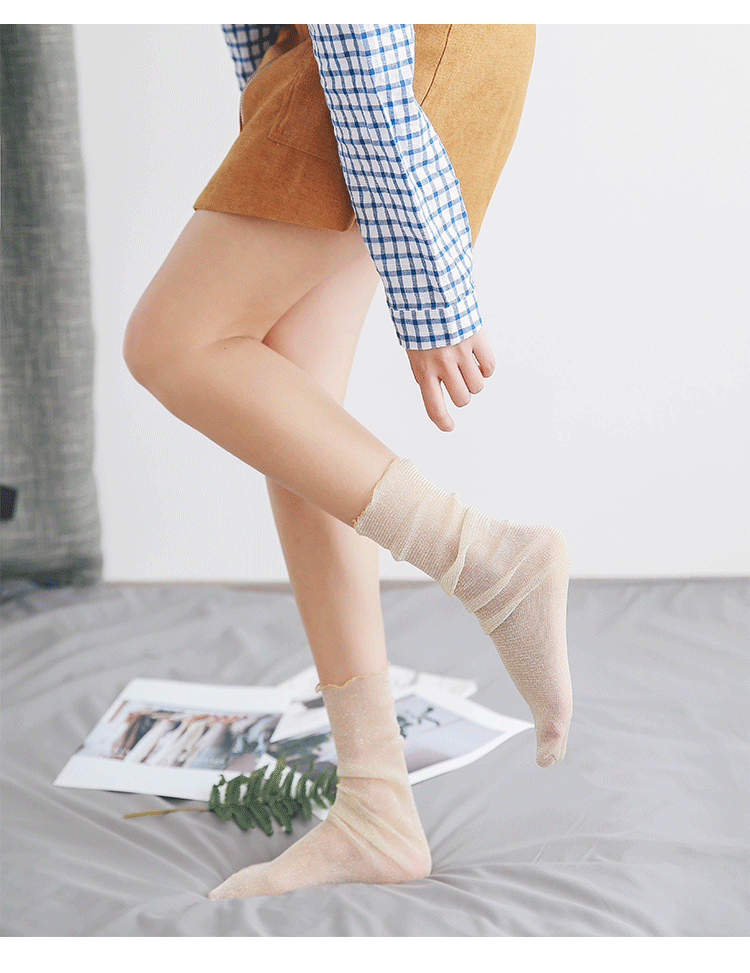 丝光袜批发_春夏新品女薄款中筒袜韩版学院风金银丝网纱袜批发