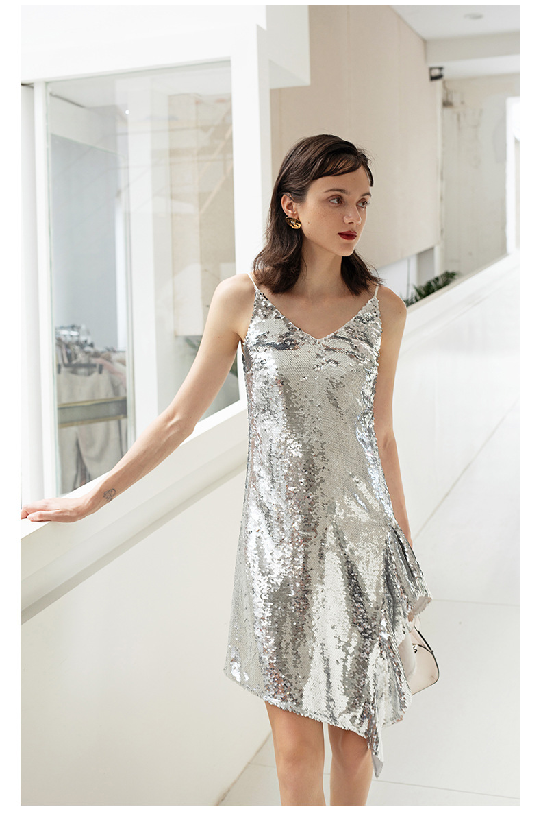 泰国潮牌2018新款银色亮片无袖v领聚会宴会性感小礼服连衣裙64346