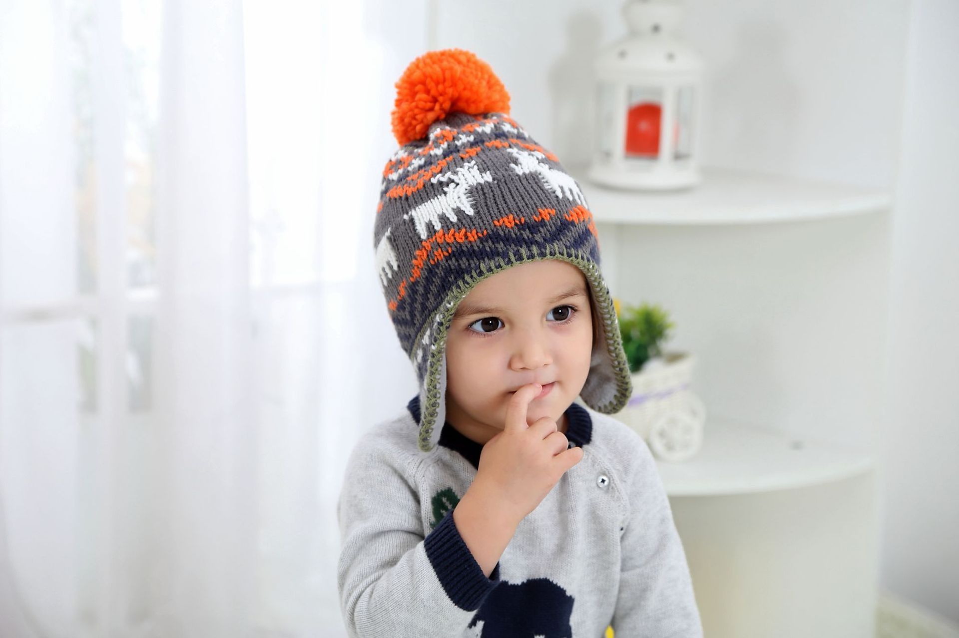 撞色小鹿提花男童针织帽儿童帽子儿童秋冬帽子加厚针织护耳保暖帽