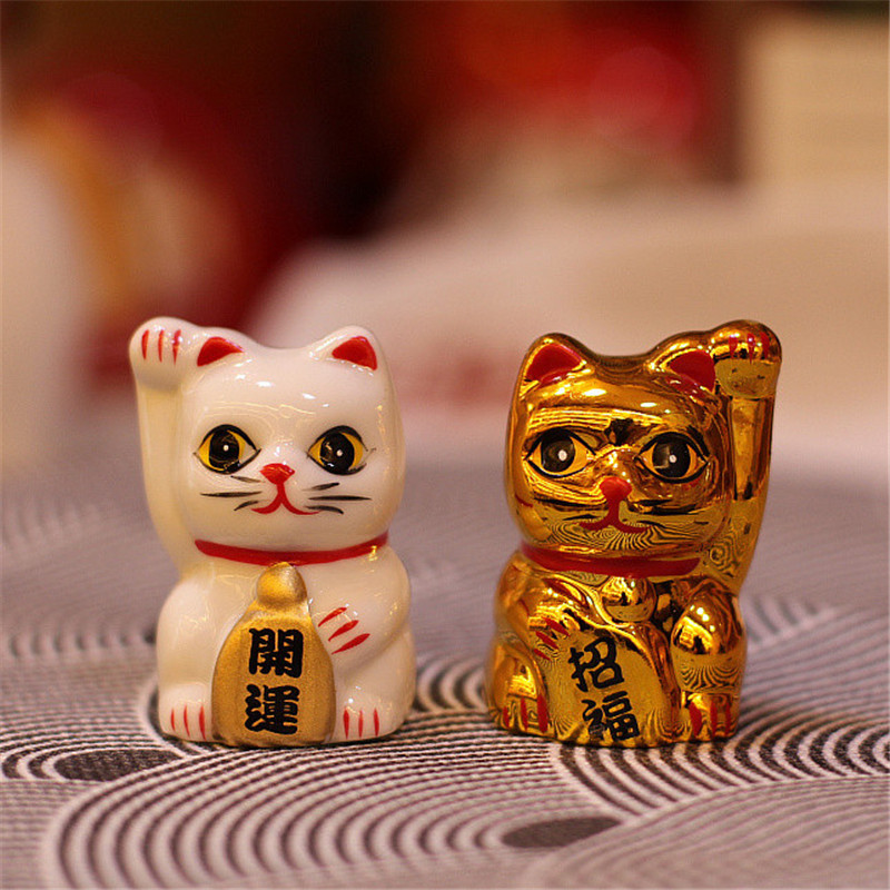 乐喵迷你招财猫招财招福小猫陶瓷工艺品装饰品摆件白金两件套礼品