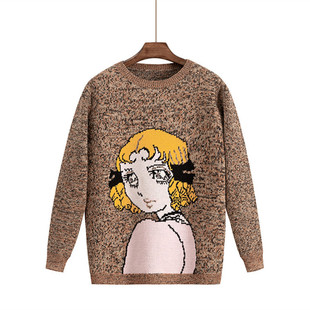 2018早秋g家走秀款卡通美少女人物图案针织衫厚宽松套头提花毛衣