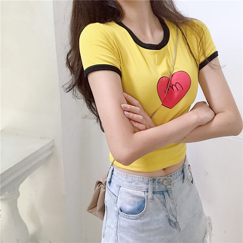 女式t恤-与恩君[3679]韩范百搭修身显瘦桃心印花短款上衣2018女装t恤