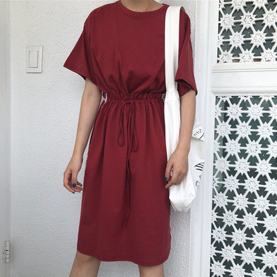 实拍2018韩版新款chic纯色宽松抽绳收腰中长印花t恤连衣裙620102