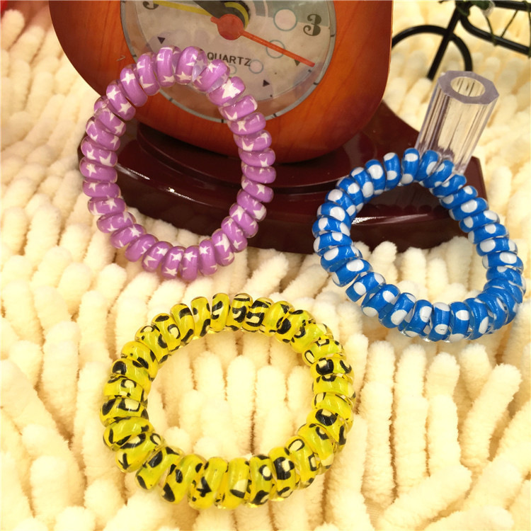 简约大号彩色电话线 弹簧发圈 发束 电话线皮筋韩版实色印花手环