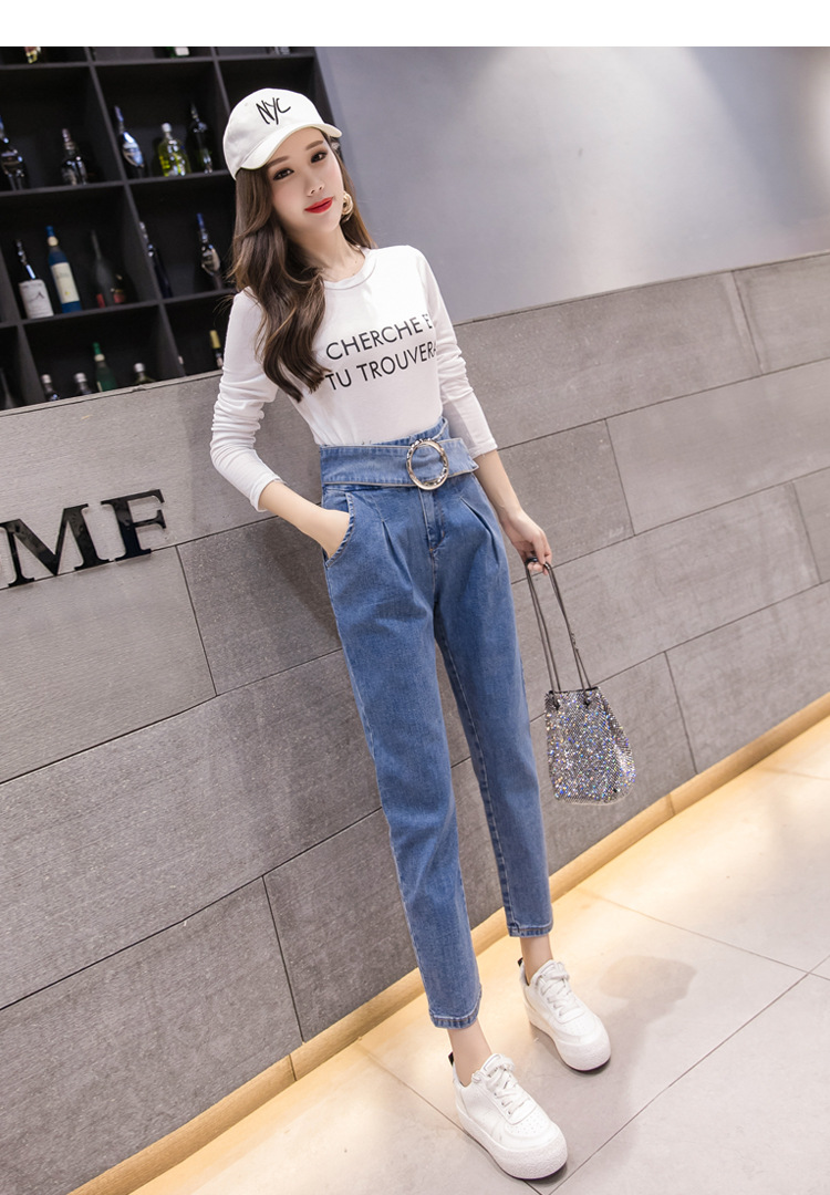 实拍高腰牛仔裤女花苞裤小脚九分裤春秋社会萝卜裤宽松显瘦哈伦裤