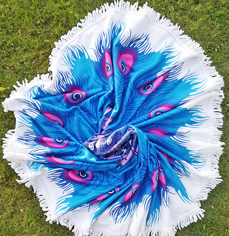 定制超细纤维沙滩巾浴巾创意孔雀开屏印花方形巾四季毛巾带流苏