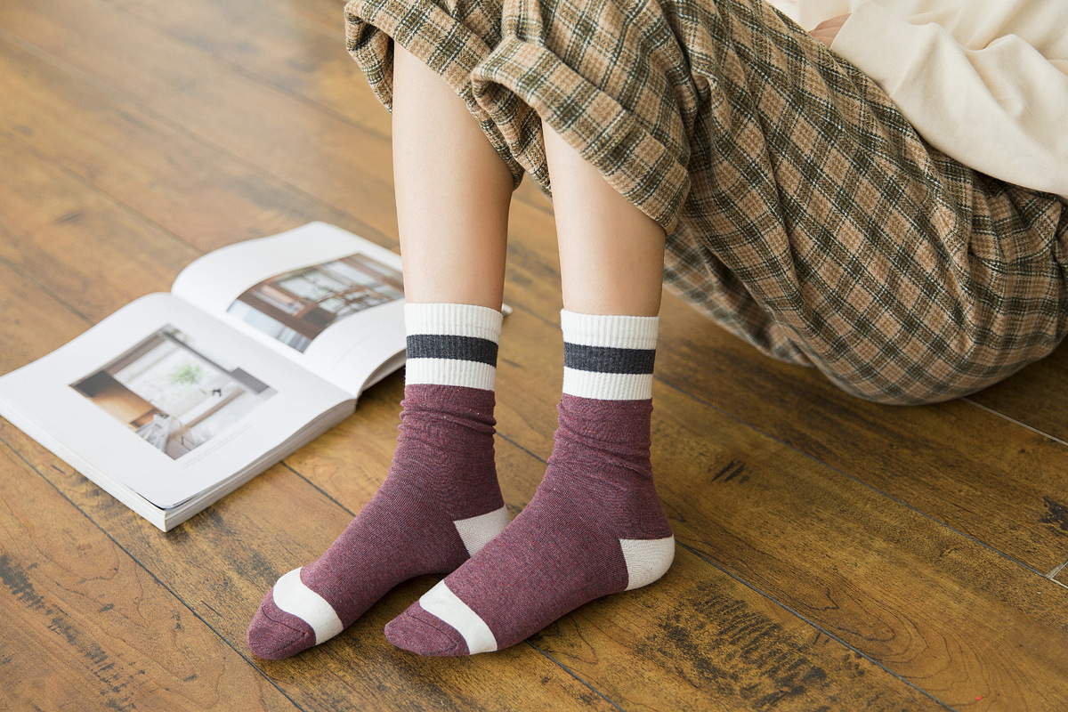 袜子新品女士潮袜长筒袜棉 韩范拼色条杠女袜堆堆袜厂家直销