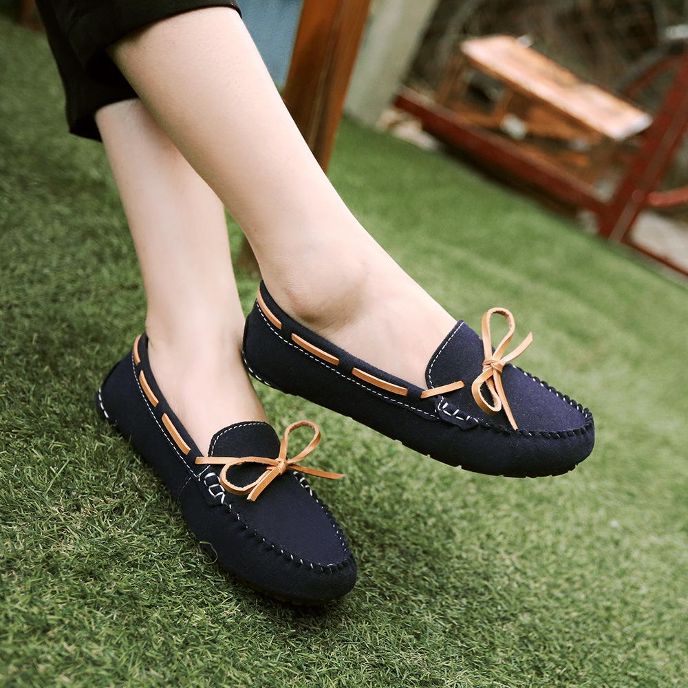 豆豆鞋女2019春季新款真皮磨砂蝴蝶结韩版休闲平底鞋防滑孕妇单鞋