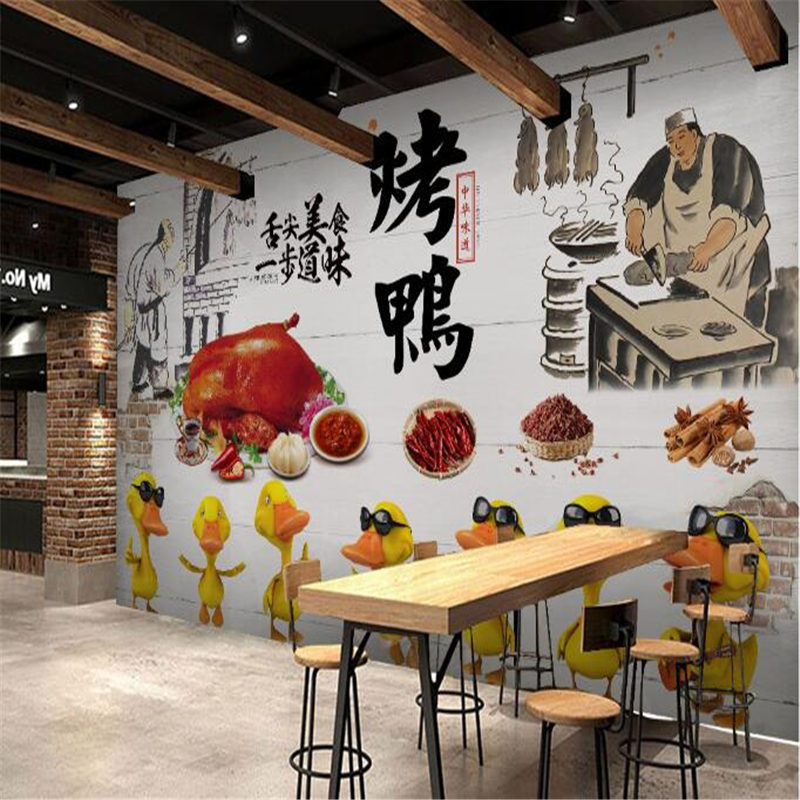 北京烤鸭脆皮醉仙鸭背景墙餐饮店壁画墙面装修壁纸饭店烧腊店装饰