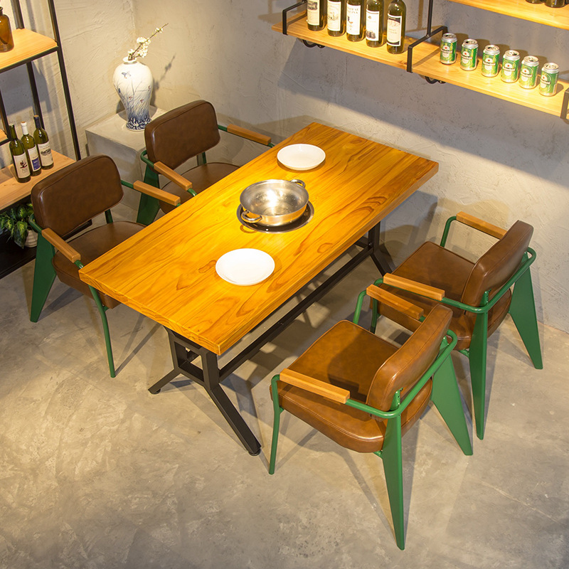 简约实木火锅桌椅组合 铁艺烤肉店火锅桌电磁炉餐桌烧烤桌子批发