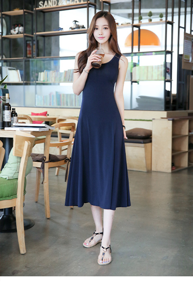 女装夏季新款连衣裙2018爆款韩版悠闲纯色u领中长裙时尚一件代发