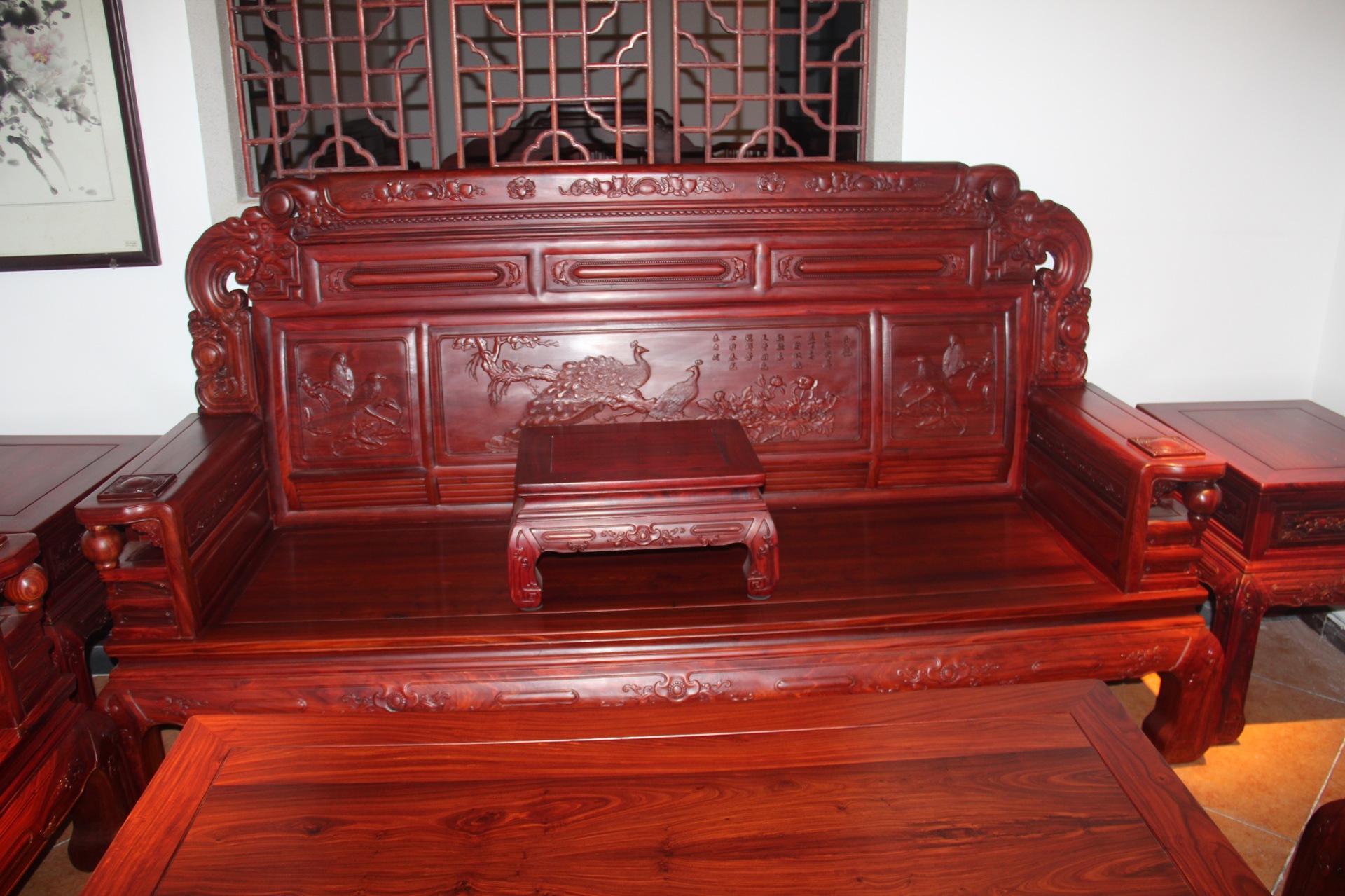 小叶红檀大号富贵财源沙发123:7件(花鸟款)