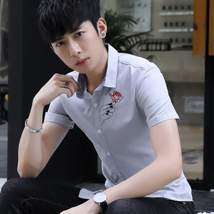 夏季男士短袖衬衫2018韩版青年修身帅气印花衬衣学生潮男生寸衫